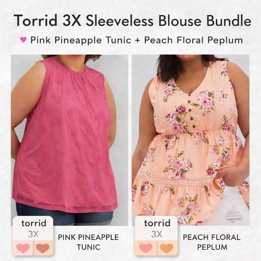 Torrid 3X Sleeveless Blouse Bundle | Pink Pineapple Tunic + Peach Floral Peplum